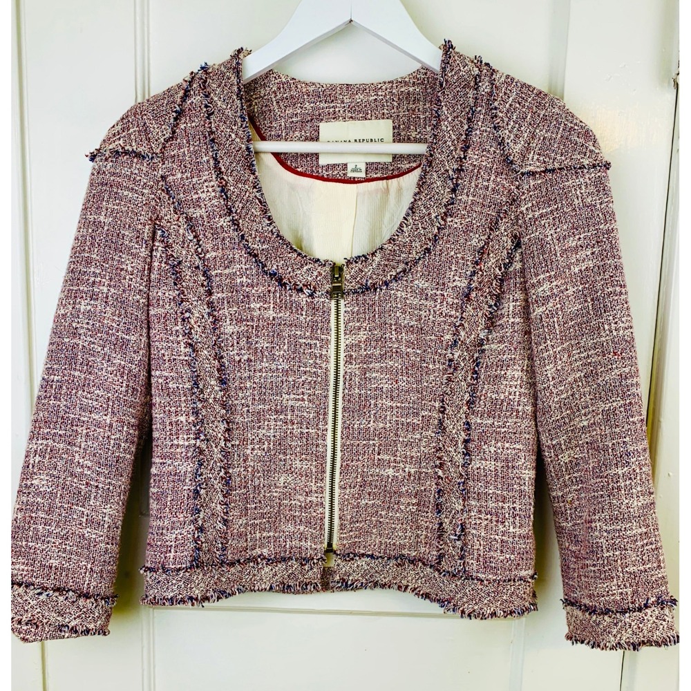 Banana Republic Frayed‎ Boucle Tweed Zip Front Linen Blend Cropped Jacket / 2 - Picture 7 of 16